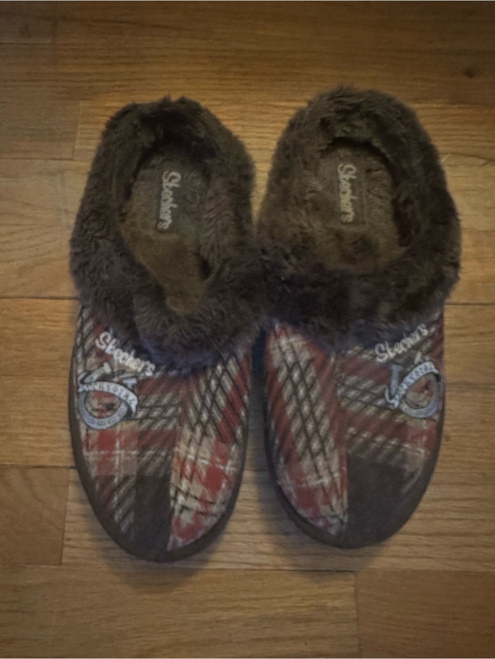 Skechers Women's Red Plaid Faux-Fur Lined Slip-On Slippers